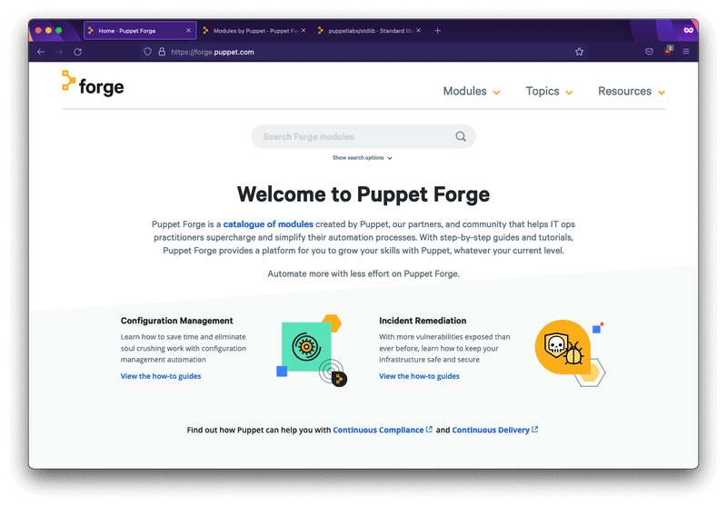 Website homepage with headline: Welcome to the Puppet Forge