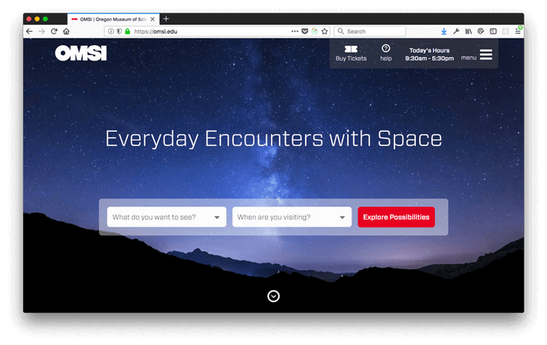 Website homepage with headline: Everyday Encounters with Space and search filters